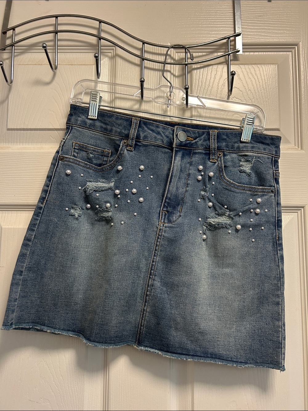 Chelsea & Violet Pearl-Embellished Blue Denim Mini Skirt